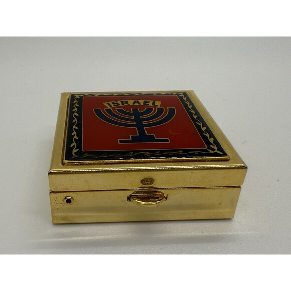 Old Vintage Israeli Menorah Pill Box Or Trinket Metal Gold-Tone Travel - Picture 7 of 11